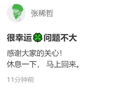 张稀哲无对抗扭伤退场 赛后社媒自报平安 张稀哲无对抗扭伤退场 赛后社媒自报平安