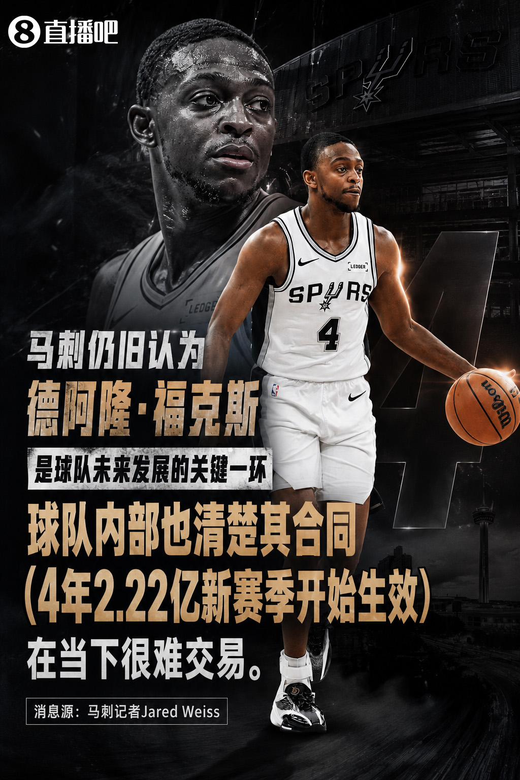 马刺内部认定福克斯仍是核心,4年2.22亿合同成交易障碍 马刺内部认定福克斯仍是核心,4年2.22亿合同成交易障碍