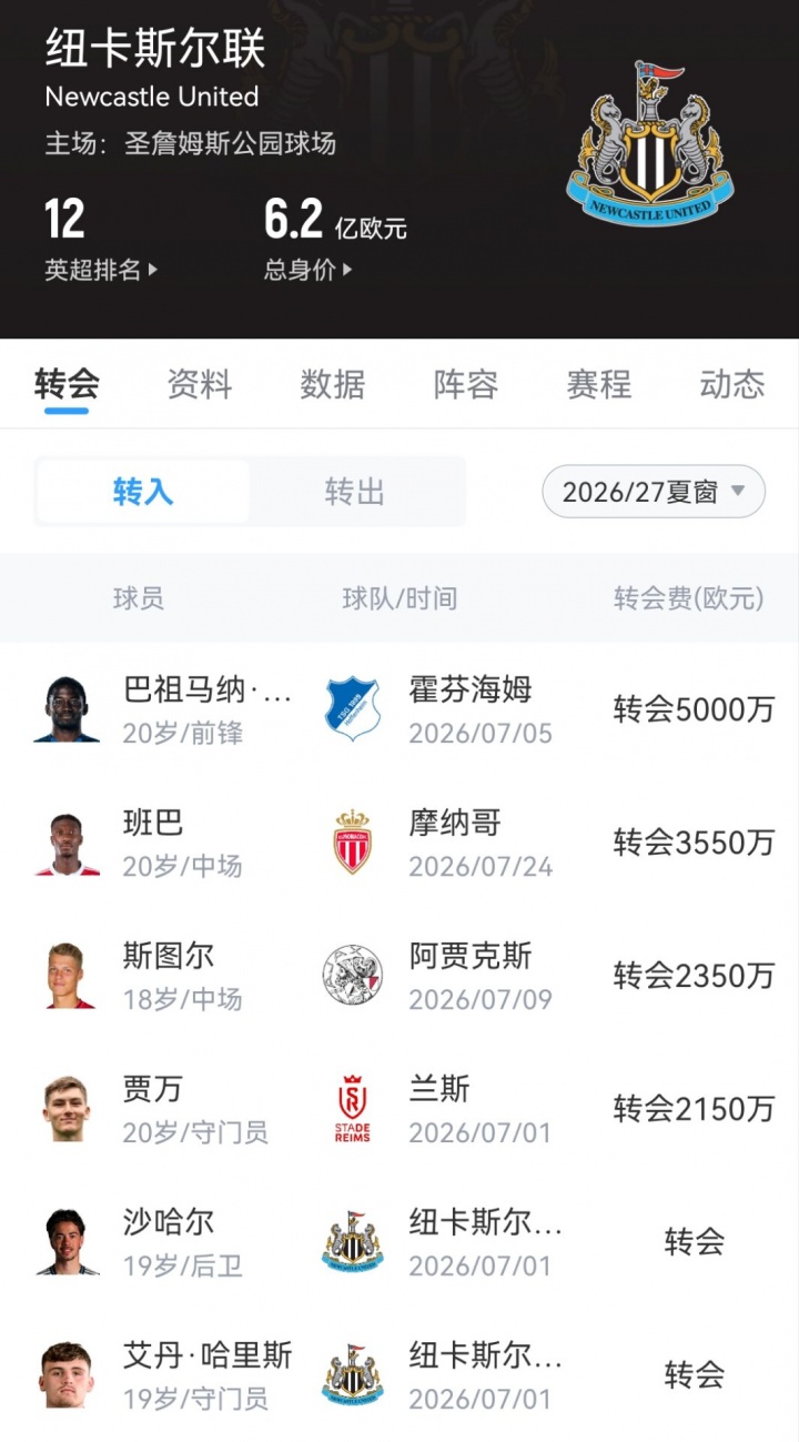 纽卡斯尔夏窗操作:1.88亿卖出托纳利+戈登,1.3亿买入四位U20新星 纽卡斯尔夏窗操作:1.88亿卖出托纳利+戈登,1.3亿买入四位U20新星